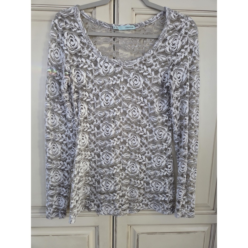 Sheer Mesh Romantic Floral Top Women's Medium Net Roses Whote And Gray Silver